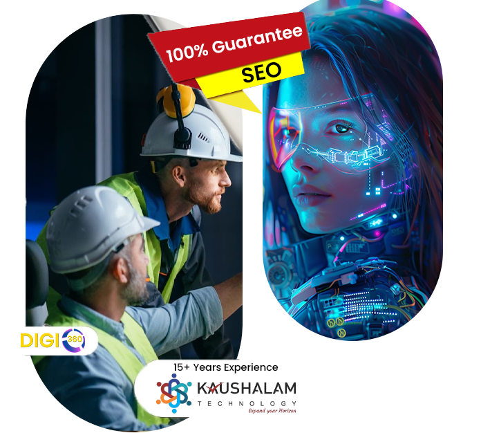 Engineers collaborating beside a futuristic AI interface with 100% guaranteed SEO by Digi360 and Kaushalam Technology.