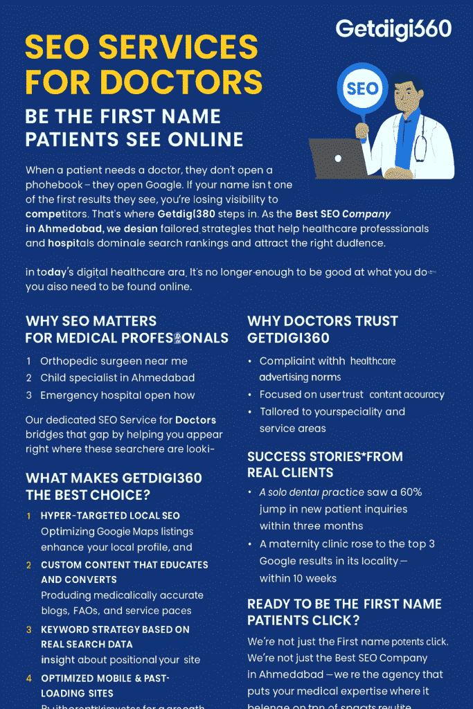 Infographic by Getdigi360 highlighting SEO Service for Doctors and Hospitals by the Best SEO Company in Ahmedabad.
