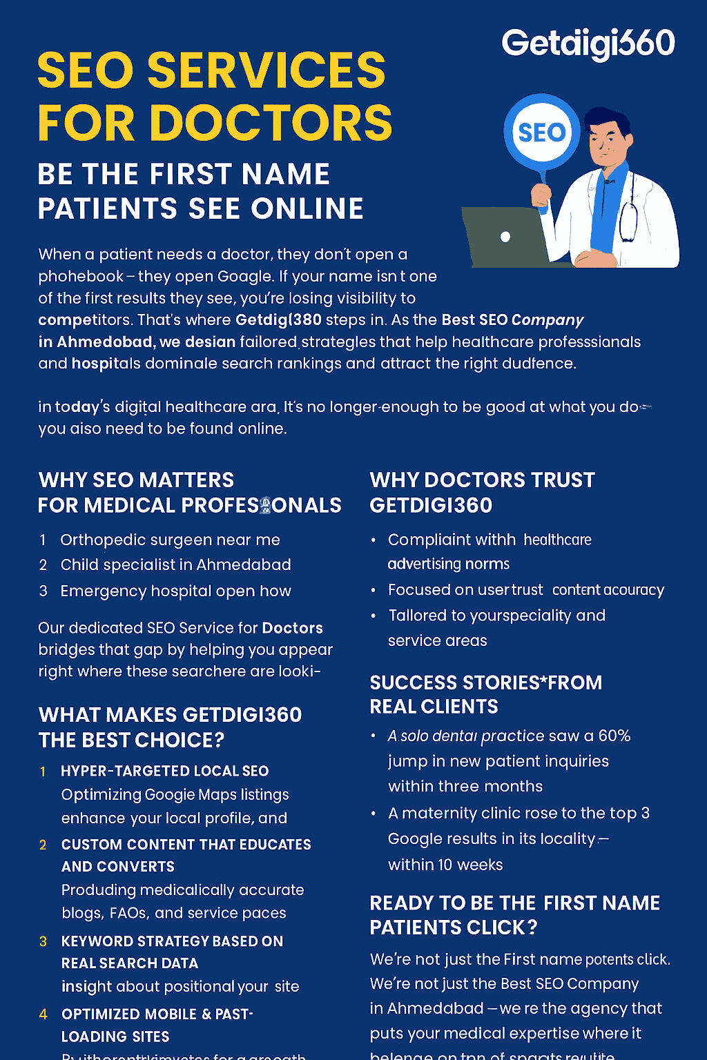 Infographic by Getdigi360 highlighting SEO Service for Doctors and Hospitals by the Best SEO Company in Ahmedabad.
